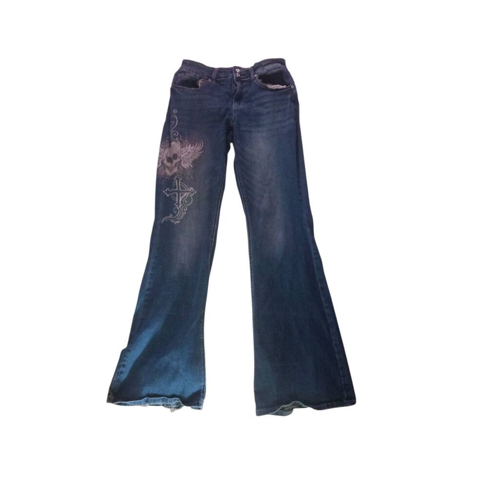 Hot topic size 9 skull wings cross women's flare jeans Gothic alternative